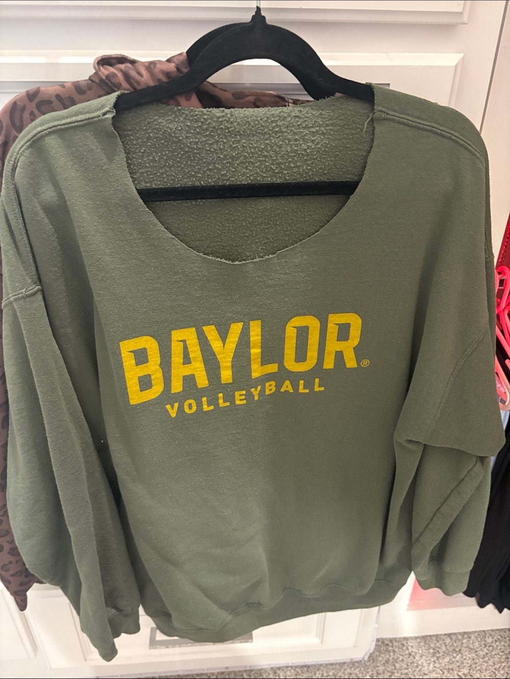 Off the shoulder Baylor Volleyball Olive Green Sweatshirt with Yellow Logo